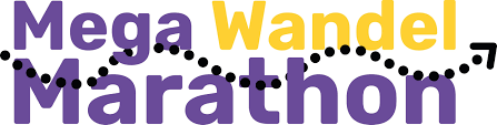 Het Mega Wandel Marathon-logo in paars en geel, met een stippellijn en een pijl.