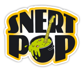 Logo voor Snert Pop met een gitaar in een borrelende groene soepketel. Gele rand en tekst.