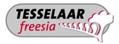 Logo voor TESSLAAR freesia: zwarte tekst op een grijze, afgeronde rechthoek, met een wit-rood freesiabloemmotief.