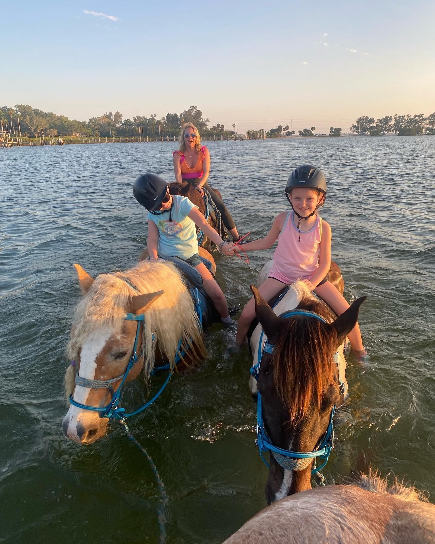 family horseback riding holding hands