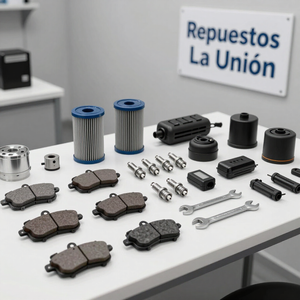 Varias piezas de automóviles sobre una mesa de trabajo con un letrero de “Repuestos La Unión” al fondo.