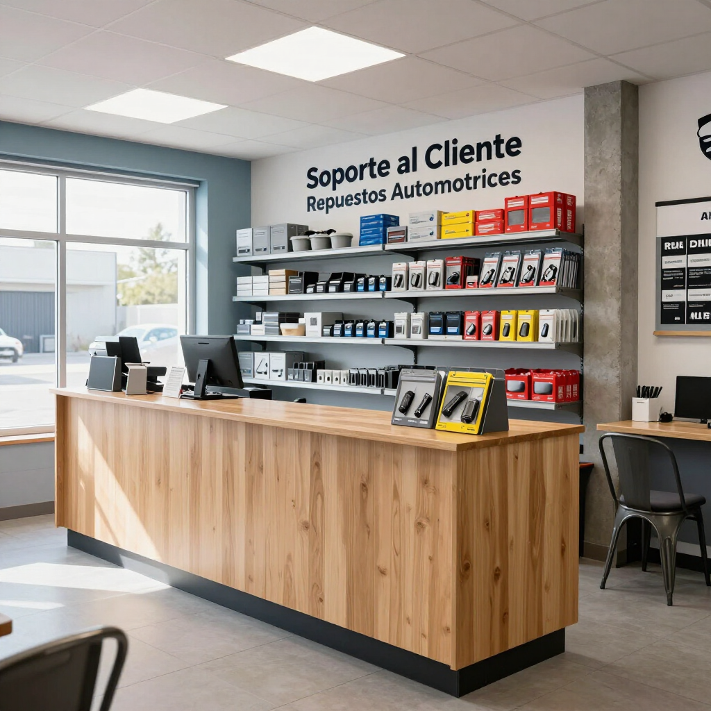 Mostrador de atención al cliente de automóviles con estantes para productos y un mostrador de recepción de madera en una tienda luminosa.