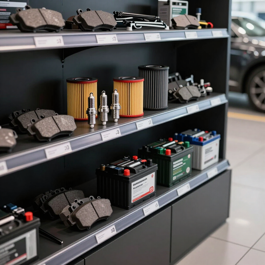 Estantería de exhibición de repuestos para automóviles con pastillas de freno, filtros, bujías y baterías de coche en una tienda.