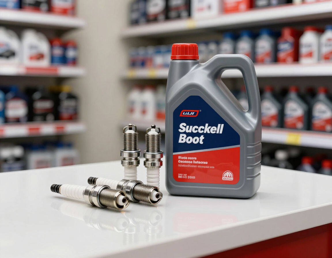 Botella de aditivo para aceite y bujías en un mostrador en el pasillo de una tienda de repuestos para automóviles.