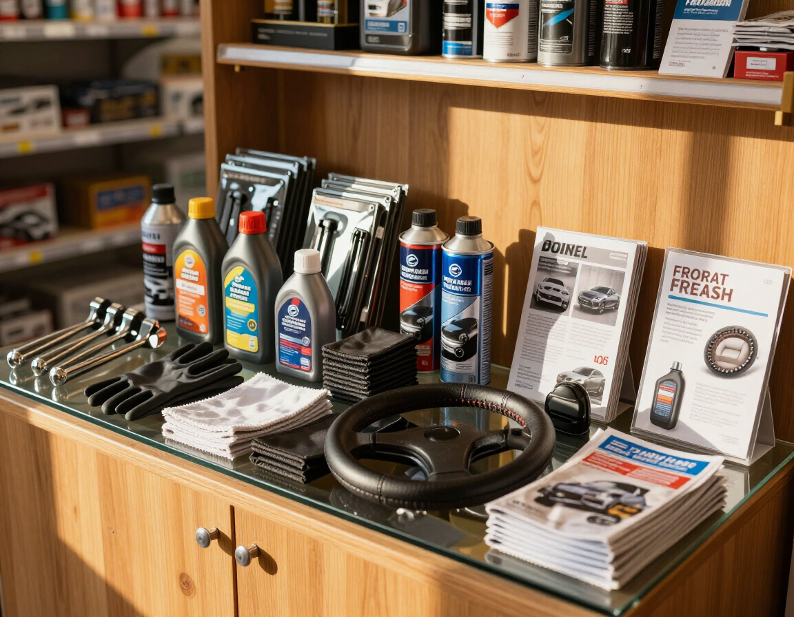 Fluidos, filtros y accesorios para automóviles expuestos en un mostrador de madera en una tienda.