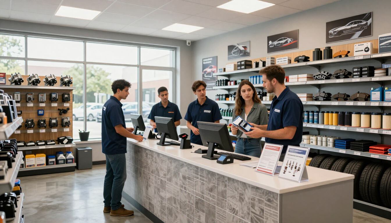 Personal atendiendo a los clientes en el mostrador de una luminosa tienda de repuestos para automóviles.