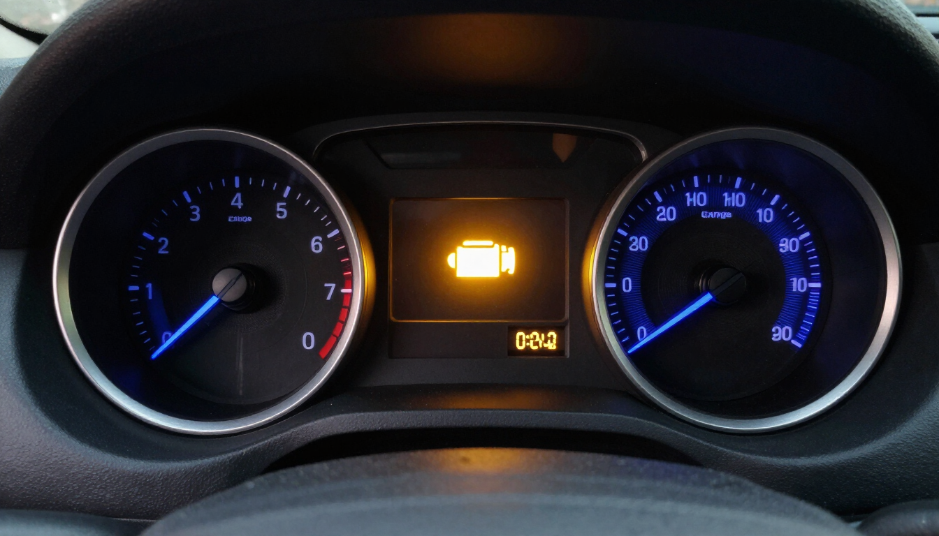 Panel de instrumentos del salpicadero del coche con velocímetro y tacómetro iluminados en azul, luz de advertencia ámbar en la pantalla central.