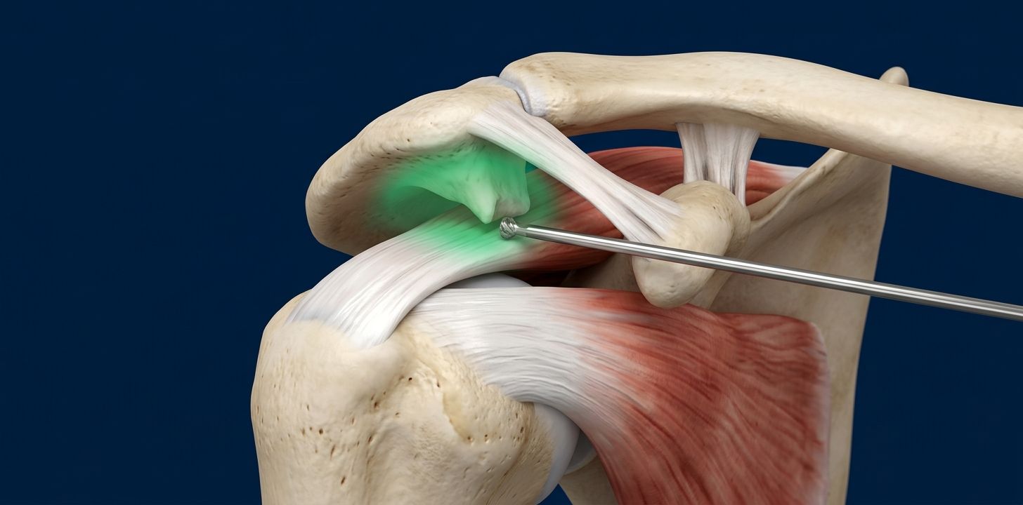 Ilustración 3D de acromioplastia artroscópica: resección del espolón bajo el acromion para liberar el tendón del manguito