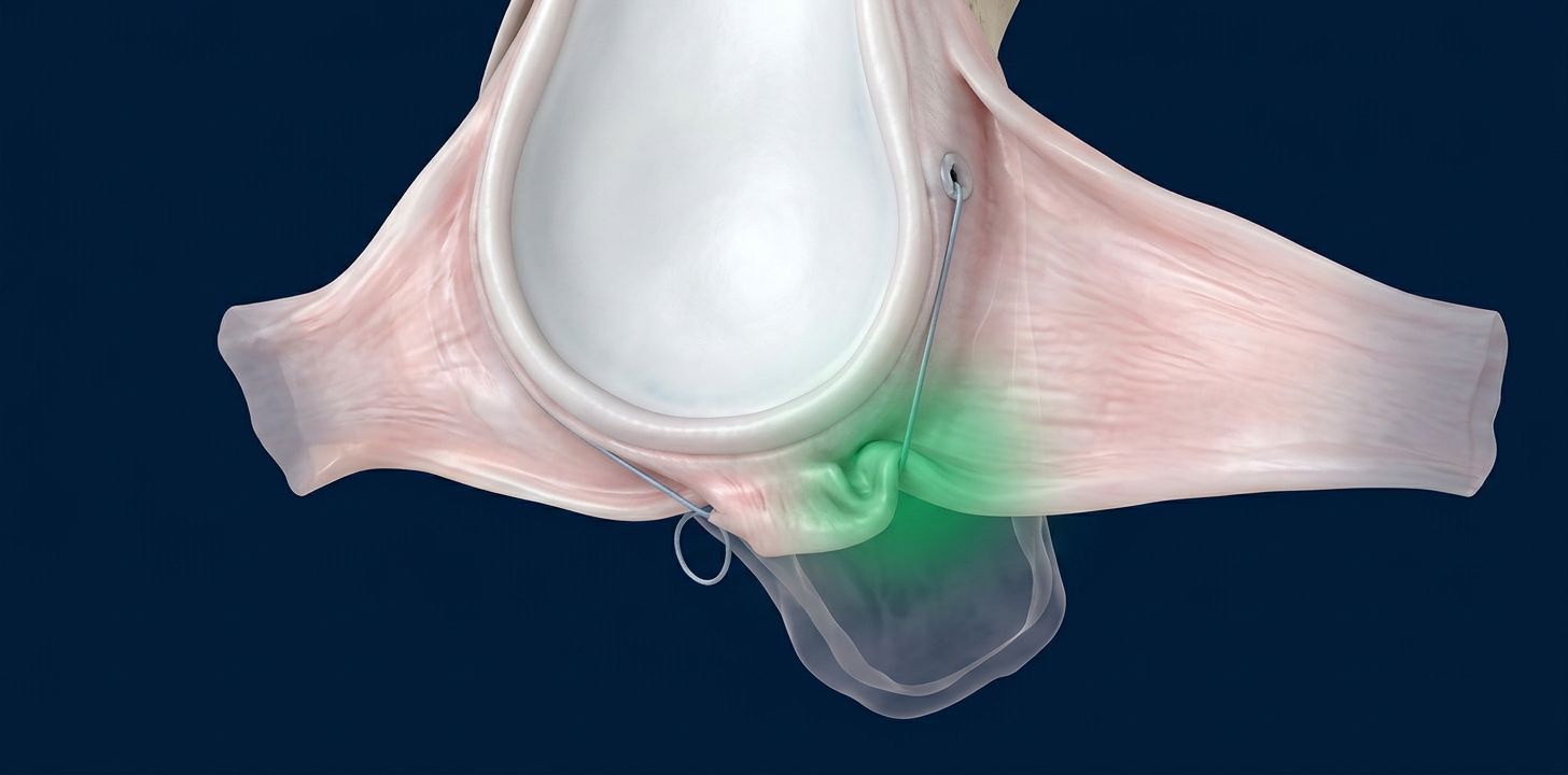 Ilustración 3D del corrimiento capsular: la cápsula inferior se pliega y tensa hacia el borde de la glenoide
