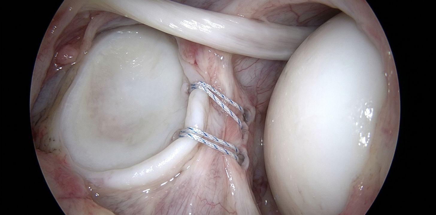 Vista artroscópica de una reparación de Bankart terminada: labrum fijado al borde de la glenoide con suturas