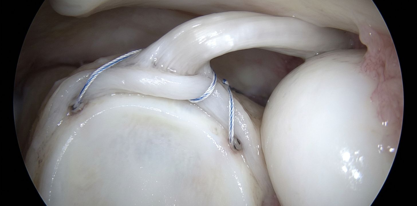 Vista artroscópica de una reparación SLAP: el labrum superior reinsertado en la base del bíceps con anclas sin nudos