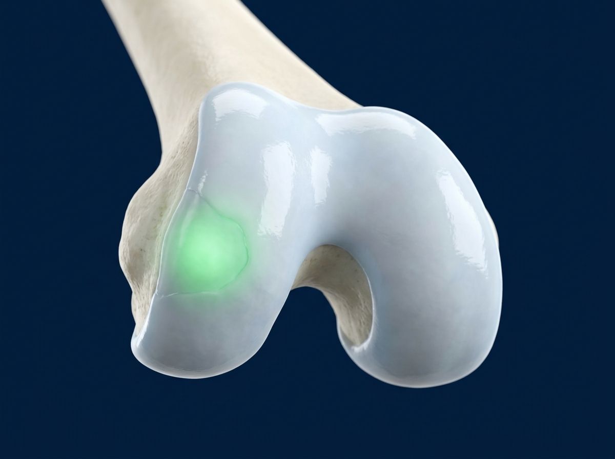 Ilustración 3D del cartílago articular de la rodilla con una zona reparada resaltada en verde