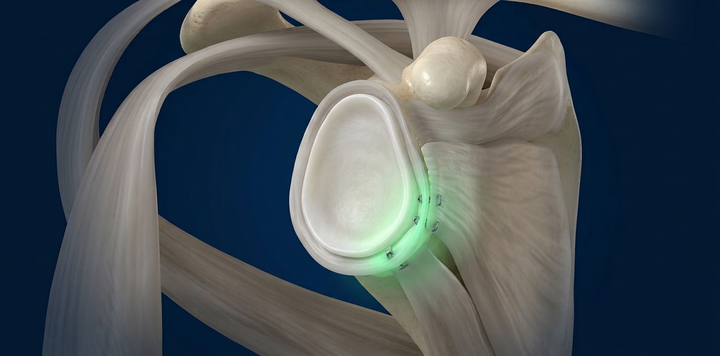 Ilustración 3D de la cavidad del hombro con el labrum anterior reparado con anclas (reparación de Bankart)
