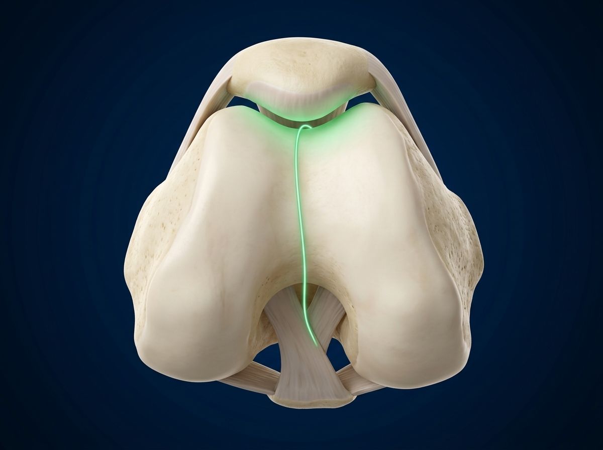 Esquema 3D de la rótula deslizándose en el surco del fémur, con su trayectoria resaltada en verde