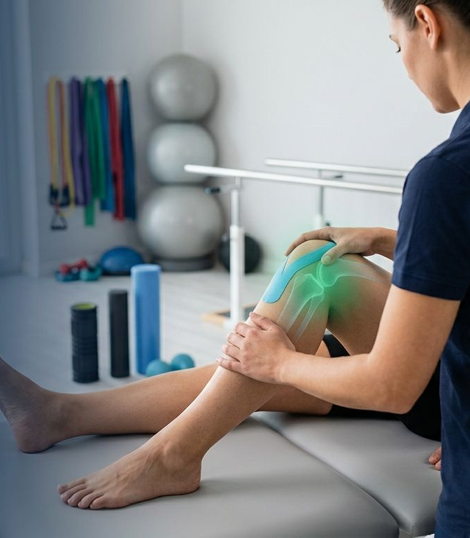 Terapia manual de rodilla en sesión de fisioterapia — CIRD Cancún