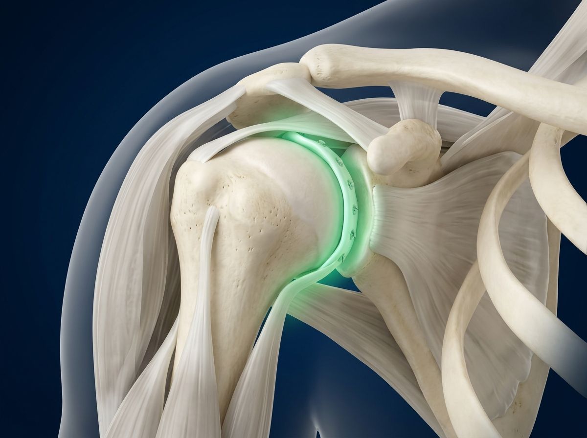 Ilustración 3D de un hombro estabilizado con el labrum reparado y la cabeza del húmero centrada