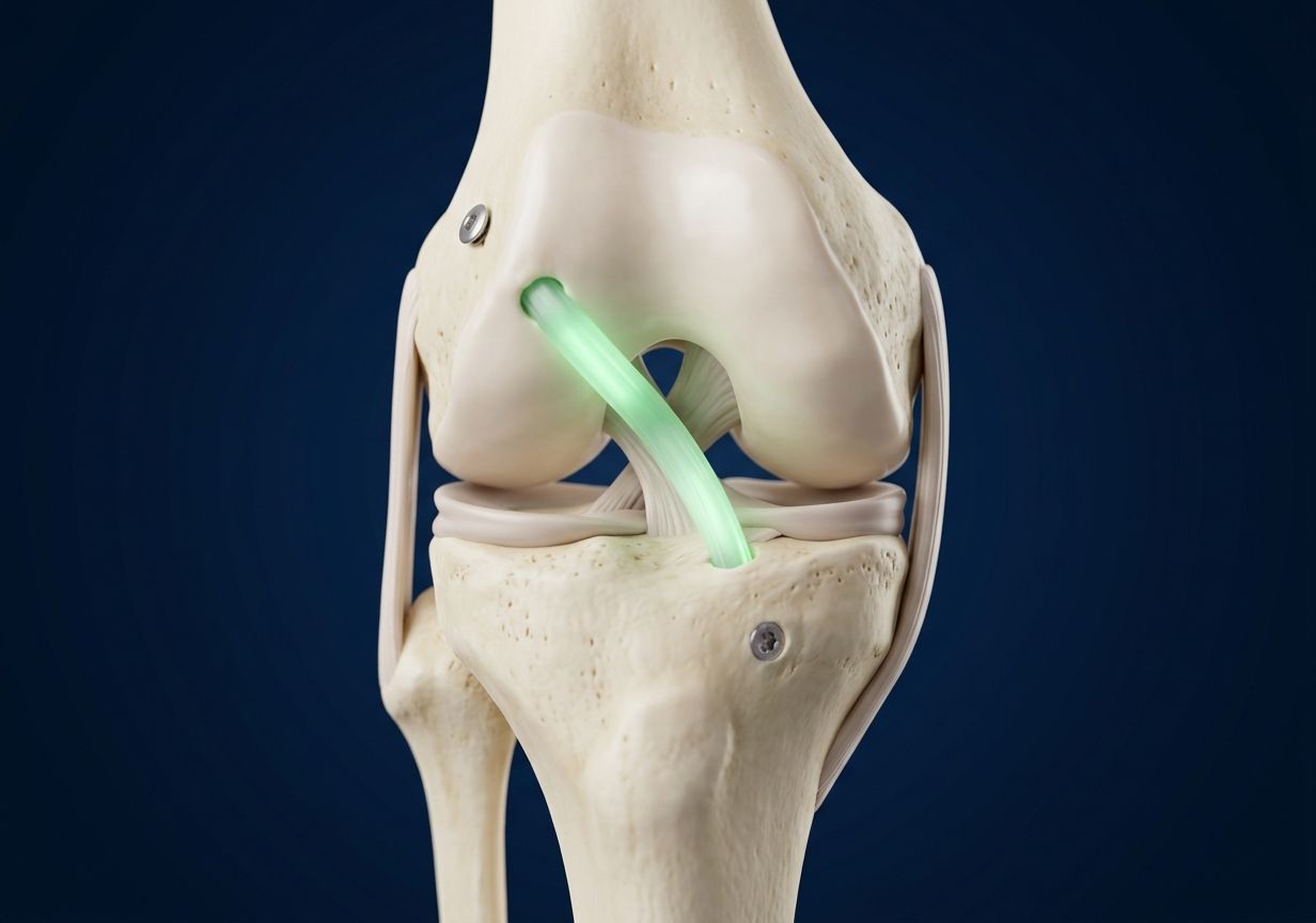Ilustración 3D del injerto de ligamento cruzado anterior fijado entre el fémur y la tibia
