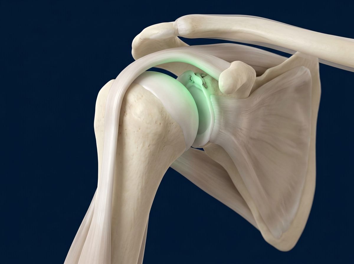 Ilustración 3D del labrum superior y el anclaje del bíceps reparados con anclas en el hombro