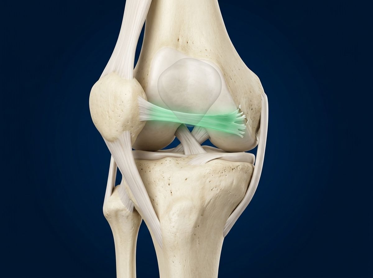 Ilustración 3D de una rodilla derecha con luxación lateral de rótula y rotura del ligamento patelofemoral medial (LPFM) en su inserción femoral