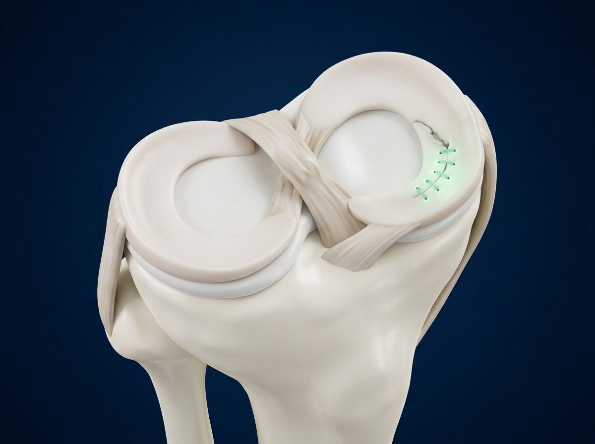 Ilustración 3D de un menisco reparado con sutura en la rodilla