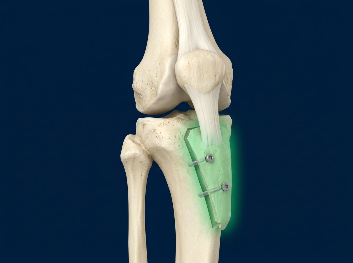 Ilustración 3D de la osteotomía de la tuberosidad tibial con anteromedialización, el tendón rotuliano en el fragmento y fijación con dos tornillos