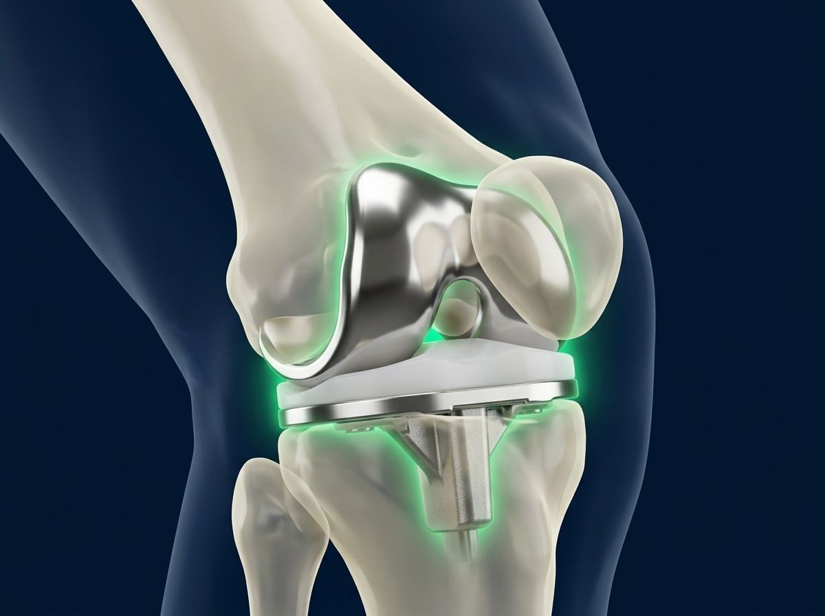 Ilustración 3D de una prótesis total de rodilla colocada dentro del fémur y la tibia