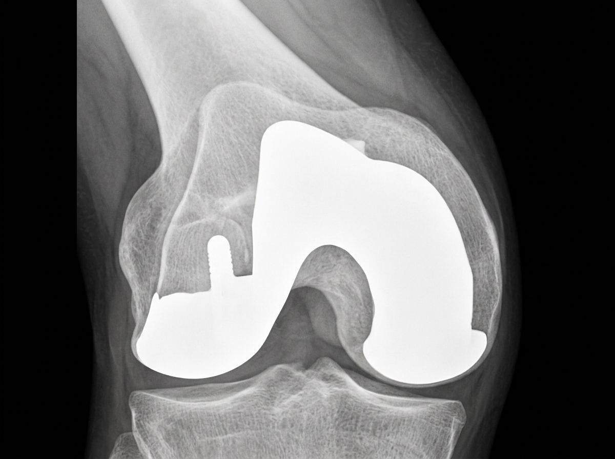 Radiografía postoperatoria lateral de una rodilla con prótesis total colocada
