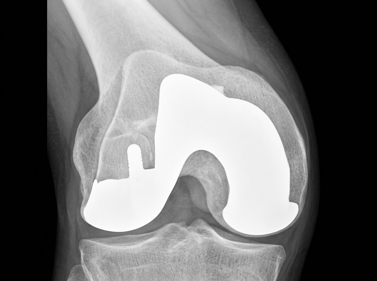 Radiografía de frente de una rodilla con prótesis total