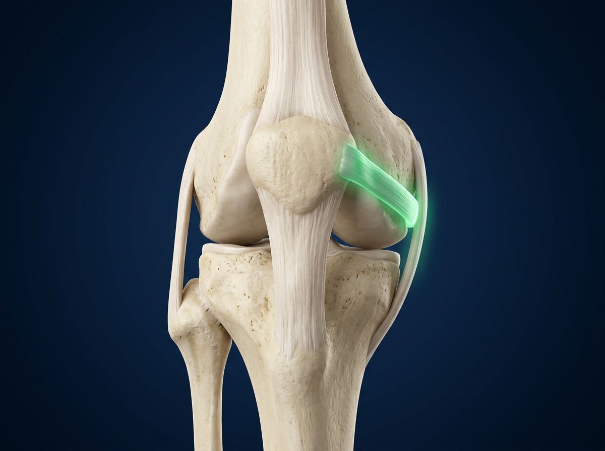 Ilustración 3D de la reconstrucción del ligamento patelofemoral medial (LPFM) con injerto del borde medial de la rótula al fémur en una rodilla derecha
