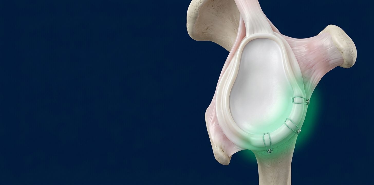 Ilustración 3D de la reinserción del labrum anteroinferior al borde de la glenoide con anclas sin nudos