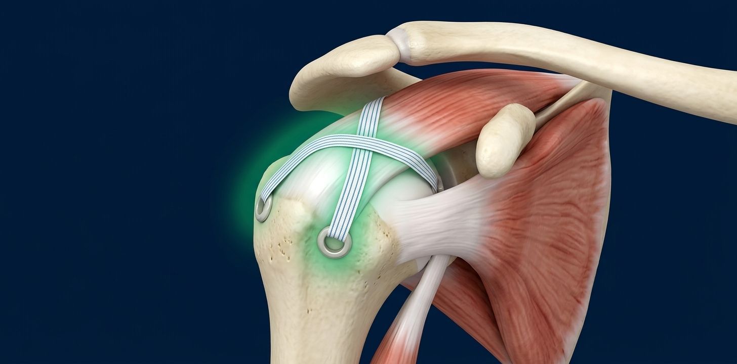Ilustración 3D de la reparación artroscópica del manguito rotador con técnica de doble fila sin nudos: el tendón supraespinoso fijado a la tuberosidad mayor con cintas cruzadas