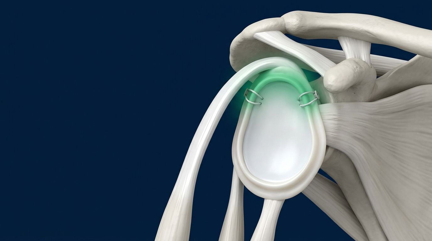 Ilustración 3D de la reparación SLAP: el labrum superior se fija al borde de la glenoide con dos anclas sin nudos, a cada lado de la inserción del bíceps