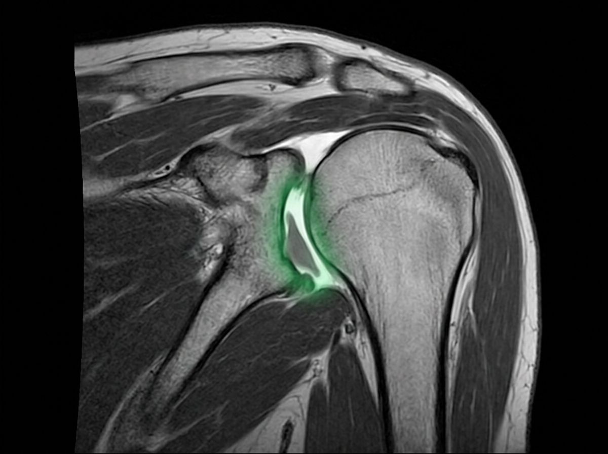 Resonancia magnética axial de hombro que muestra una lesión del labrum anterior