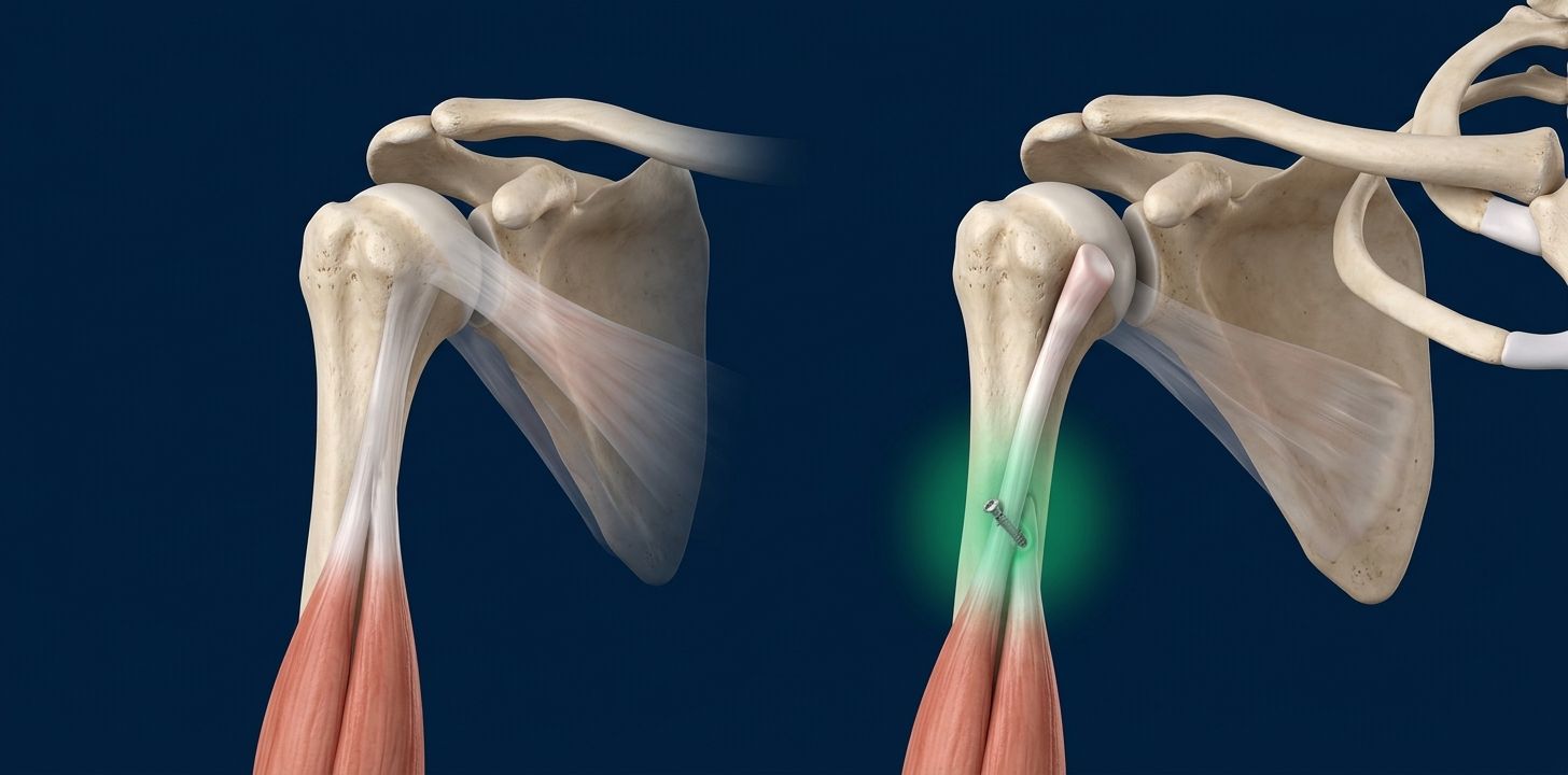 Ilustración 3D de la tenodesis del bíceps: el tendón se libera de la glenoide y se fija en el húmero con un implante