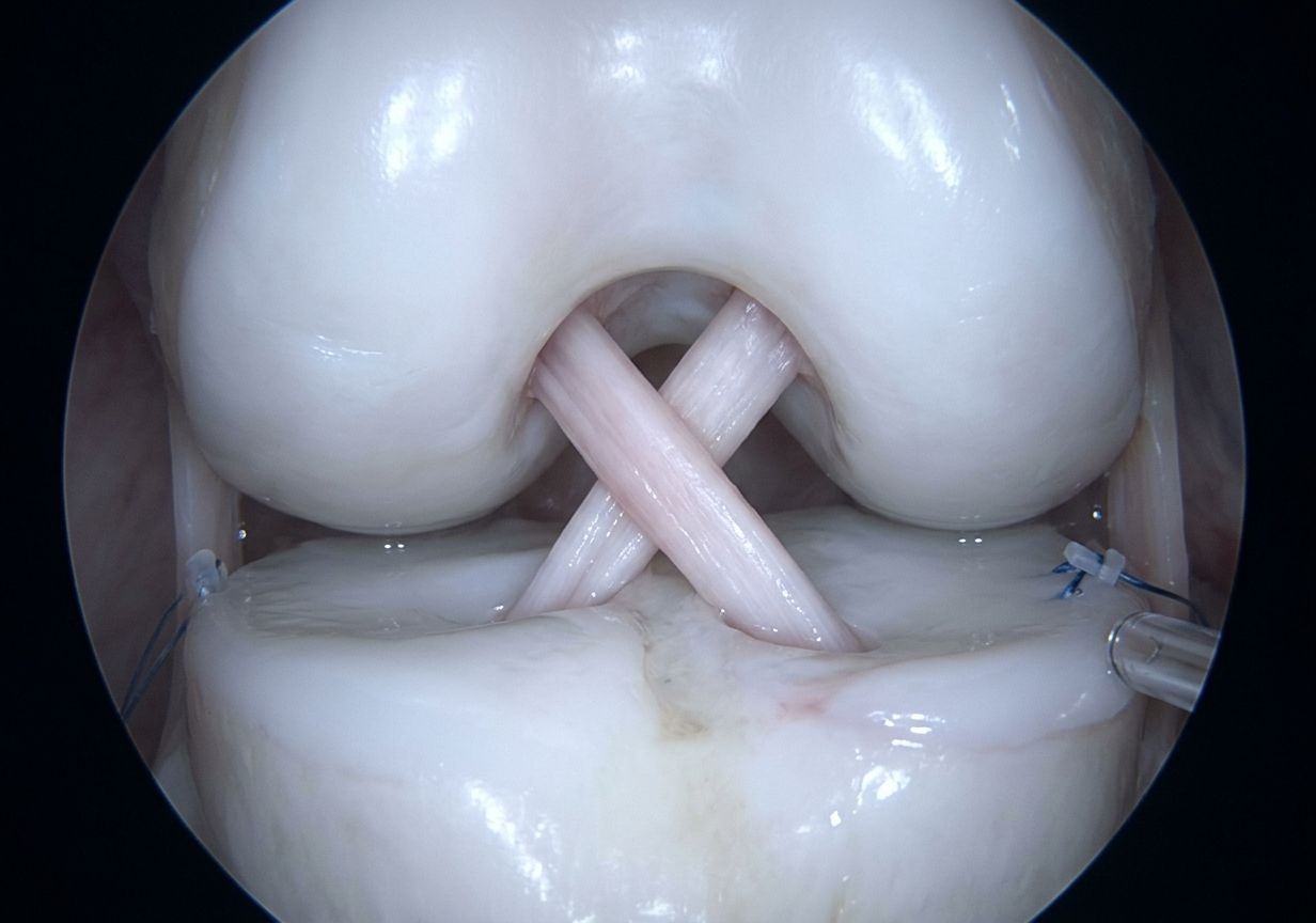 Vista artroscópica del injerto de ligamento cruzado anterior dentro de la rodilla