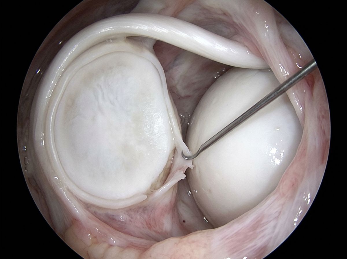 Vista artroscópica del hombro con lesión de Bankart: el labrum anteroinferior desprendido del borde de la glenoide, explorado con gancho palpador
