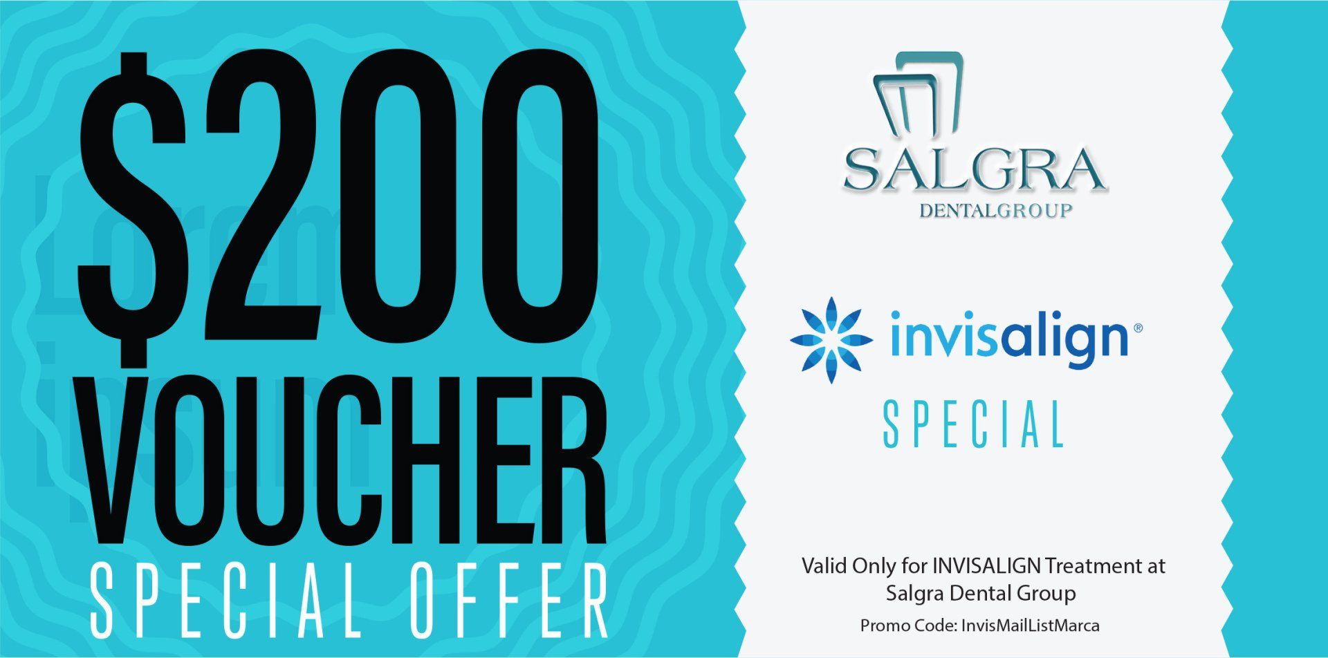 $200 voucher special offer with Salgra logo and Invisalign Special branding in blue and white