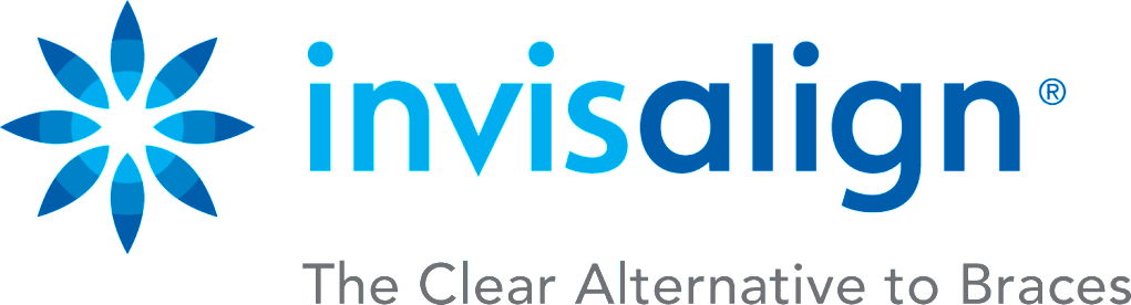 Invisalign logo with blue flower icon and the tagline “The Clear Alternative to Braces”