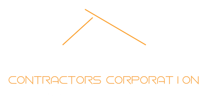 Forza Contractors Corporation logo with black and orange text and roofline graphic