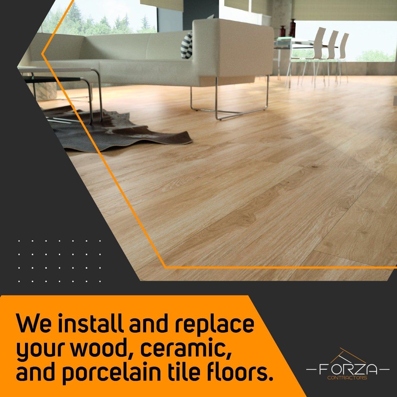 A living room with a couch and chairs and the words we install and replace your wood ceramic and porcelain tile floors