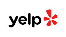 A yelp logo with a red star on a white background.