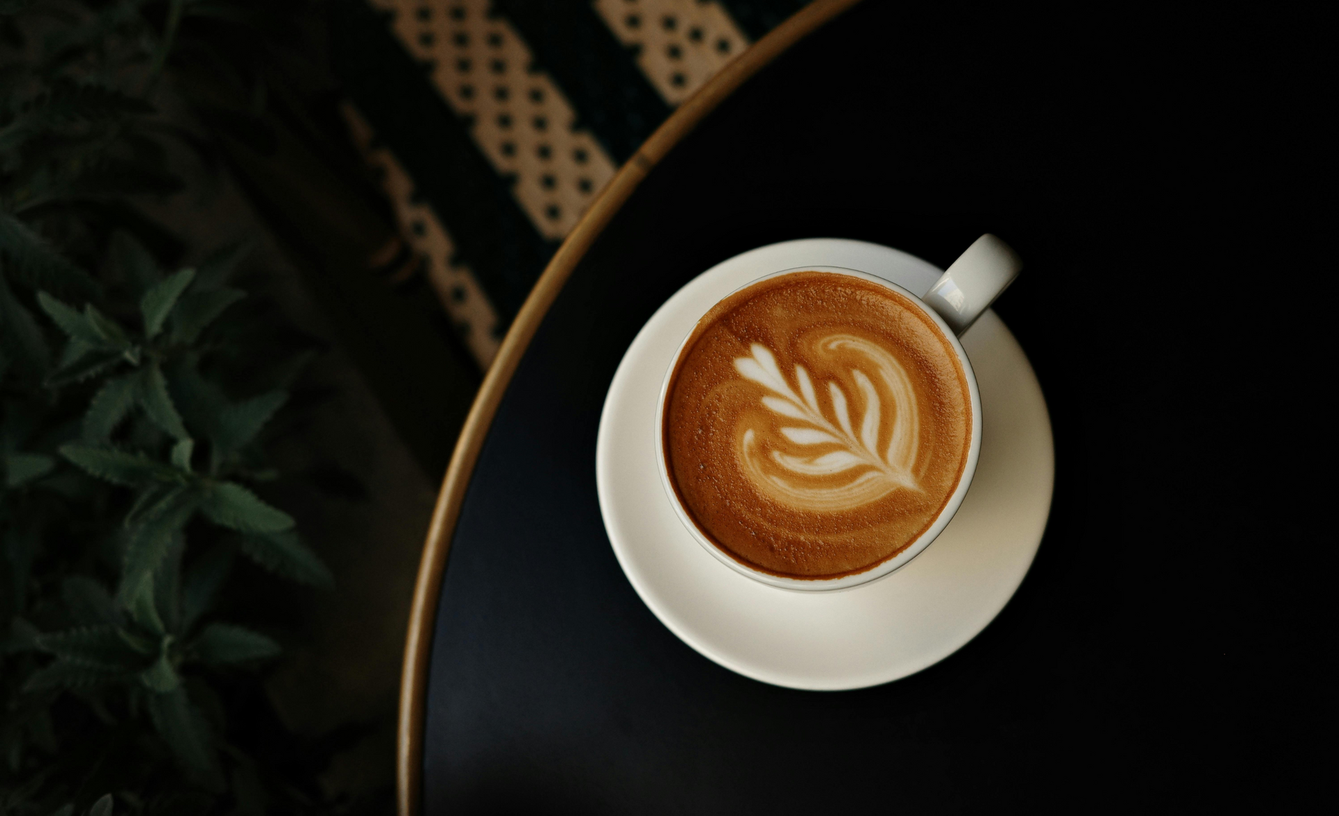 Top-down view of a latte with leaf latte art in a white cup on a dark table