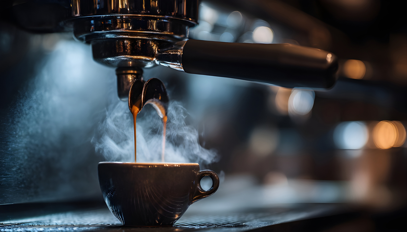 Espresso machine pouring coffee into a cup in a dimly lit café.