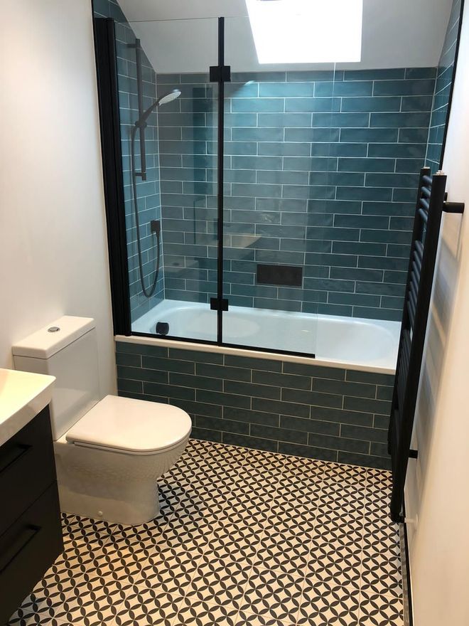 Blue and Cyan brick style tiles designed, supplied and fitted by Options Tile Showroom in Ascot, Berkshire.
