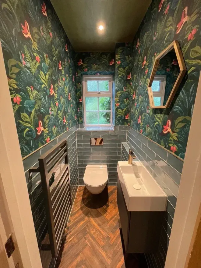 Cloakroom bathroom with floral tiles designed and installed by Options Bath and Tile studio in Ascot, Berkshire.