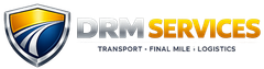 DRM Services logo with blue and gold shield and gray text, plus tagline &ldquo;Transport &bull; Final Mile &bull; Logistics&rdquo;