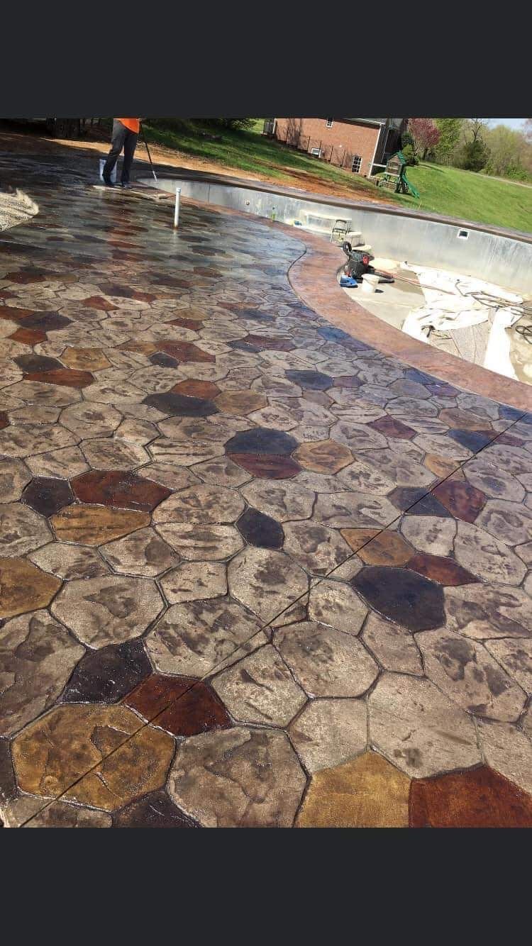 Wet stone patio with scattered dark spots and a small dog near a pool on the right.