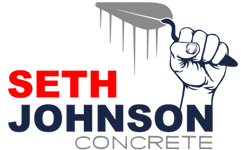 Seth Johnson Concrete logo with red and black text and a concrete trowel graphic pouring drips