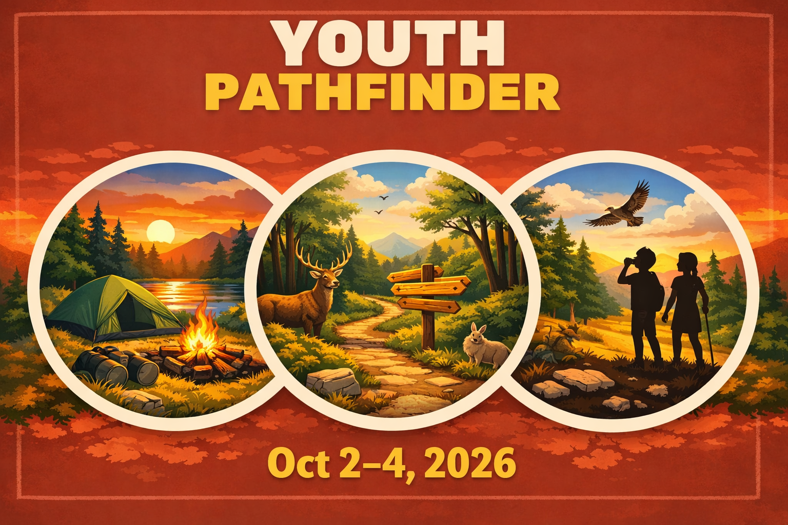 Youth Pathfinder event poster with three sunset camping scenes and dates Oct 2–4, 2026