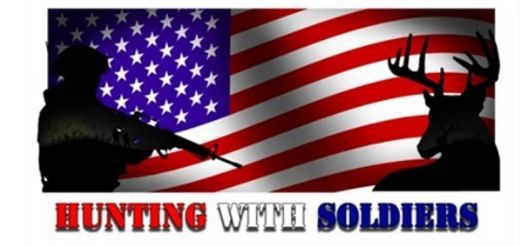 Hunting With Soldiers logo with American flag, hunter silhouette, and deer silhouette